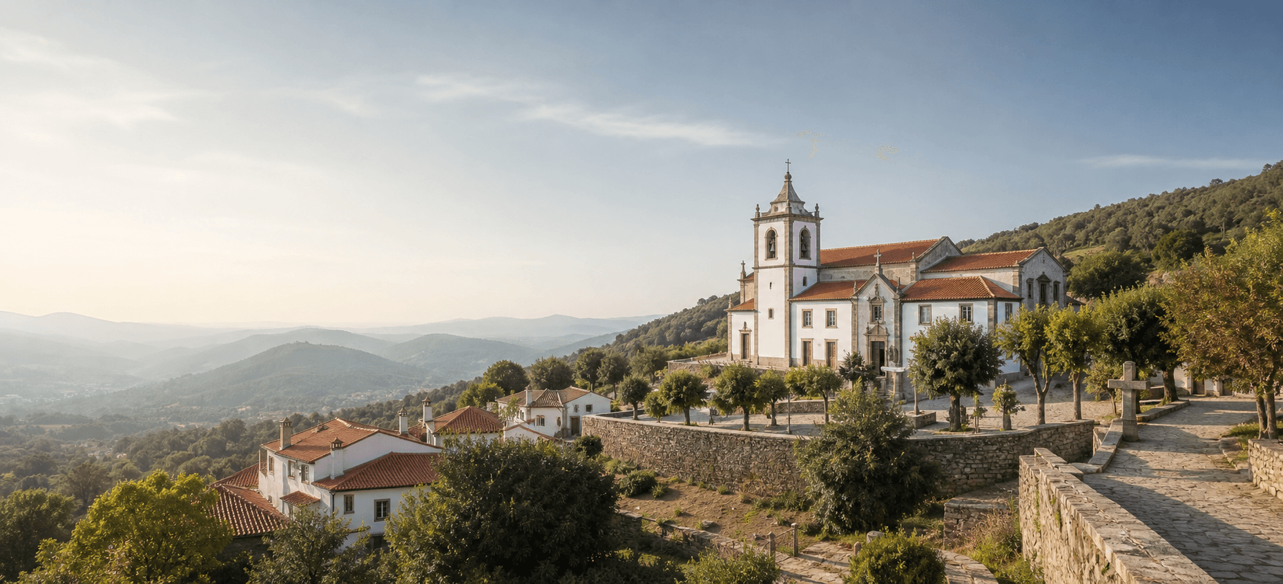 Panorama de uma freguesia portuguesa numa paisagem de montanha